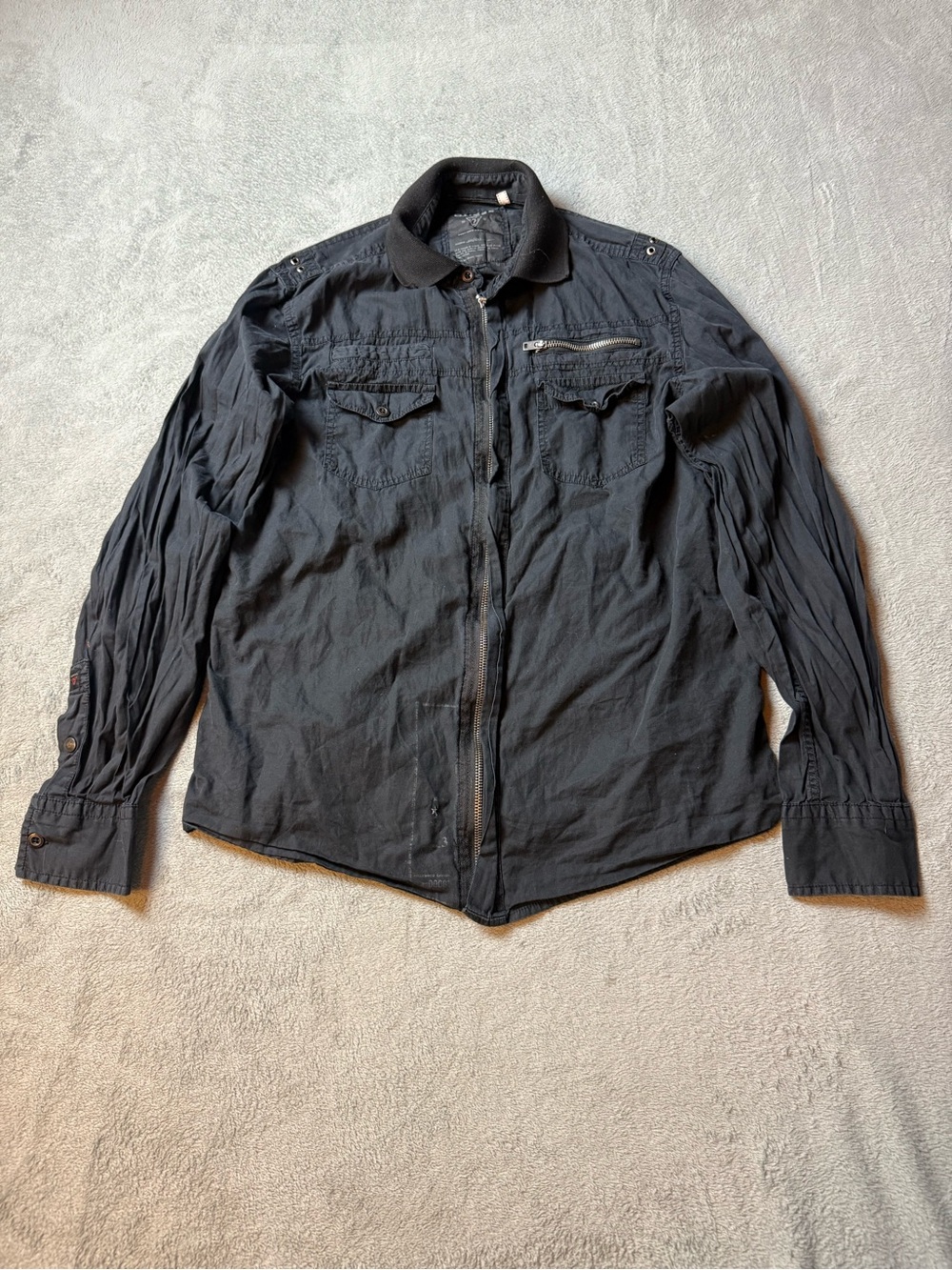 Vintage Guess Y2K Zipup Black Collared Utility Jacket Lightweight Military Style